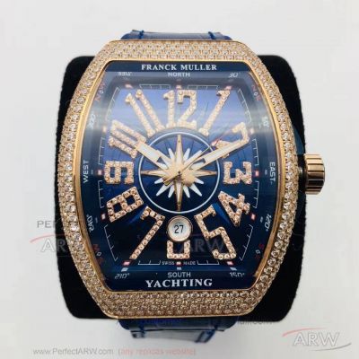 FM Swiss Franck Muller Vanguard Yachting V45 Diamond Blue Dial All Gold Case ETA 2824 Watch